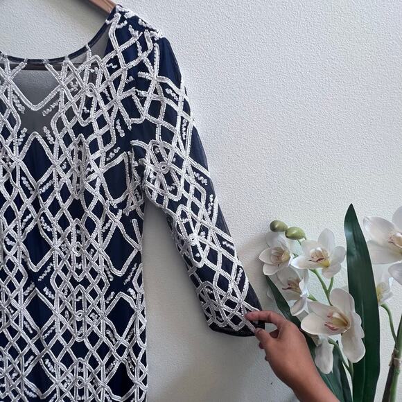 New JS Collections Fully Beaded White Navy Long Sleeves V-Back Elegant Dress 10 - Picture 3 of 7